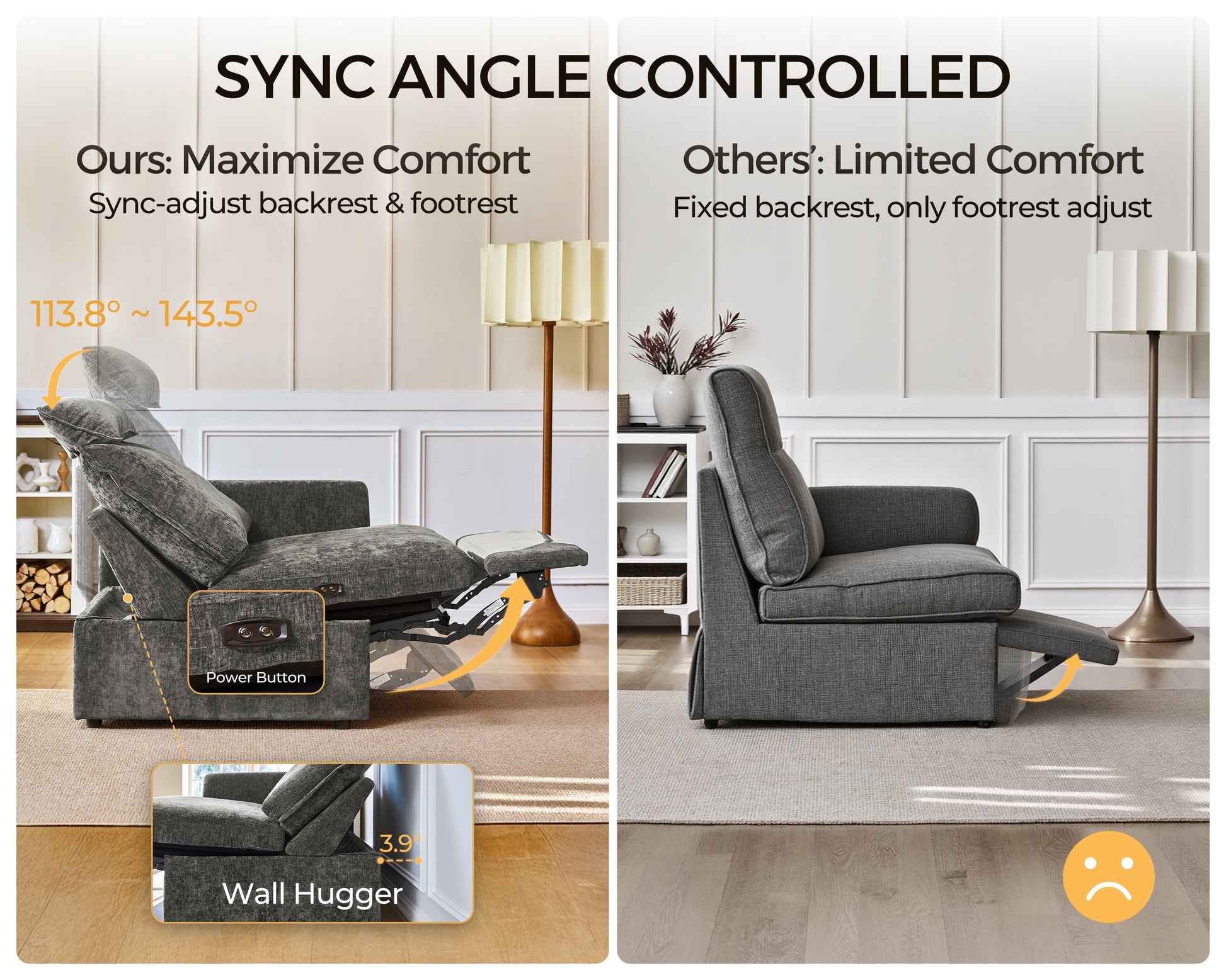169.7'' Power Recliner Sofa with Headrest Console, Modular Cloud Sectional Chenille Reclining Couch with Storage Ottoman Chaise, Convertible 7-Seater Sofa Couch for Living Room RV, Gray