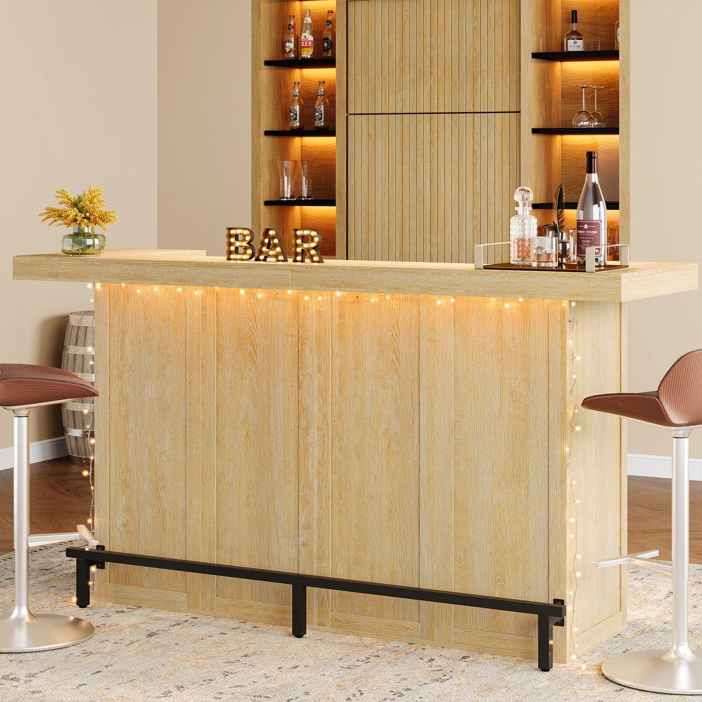 70.9" Wooden Home Bar Table with Wine Glass Holder, Pub Storage Unit Accent Table for Home Patio Basement