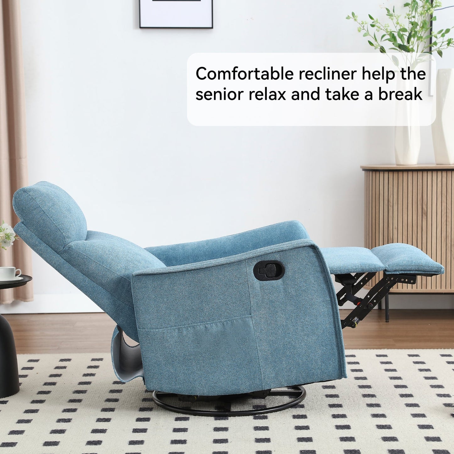 Heat Massage Manual Recliner Chair with Rocker and Swivel in Fabric for Living Room, Blue
