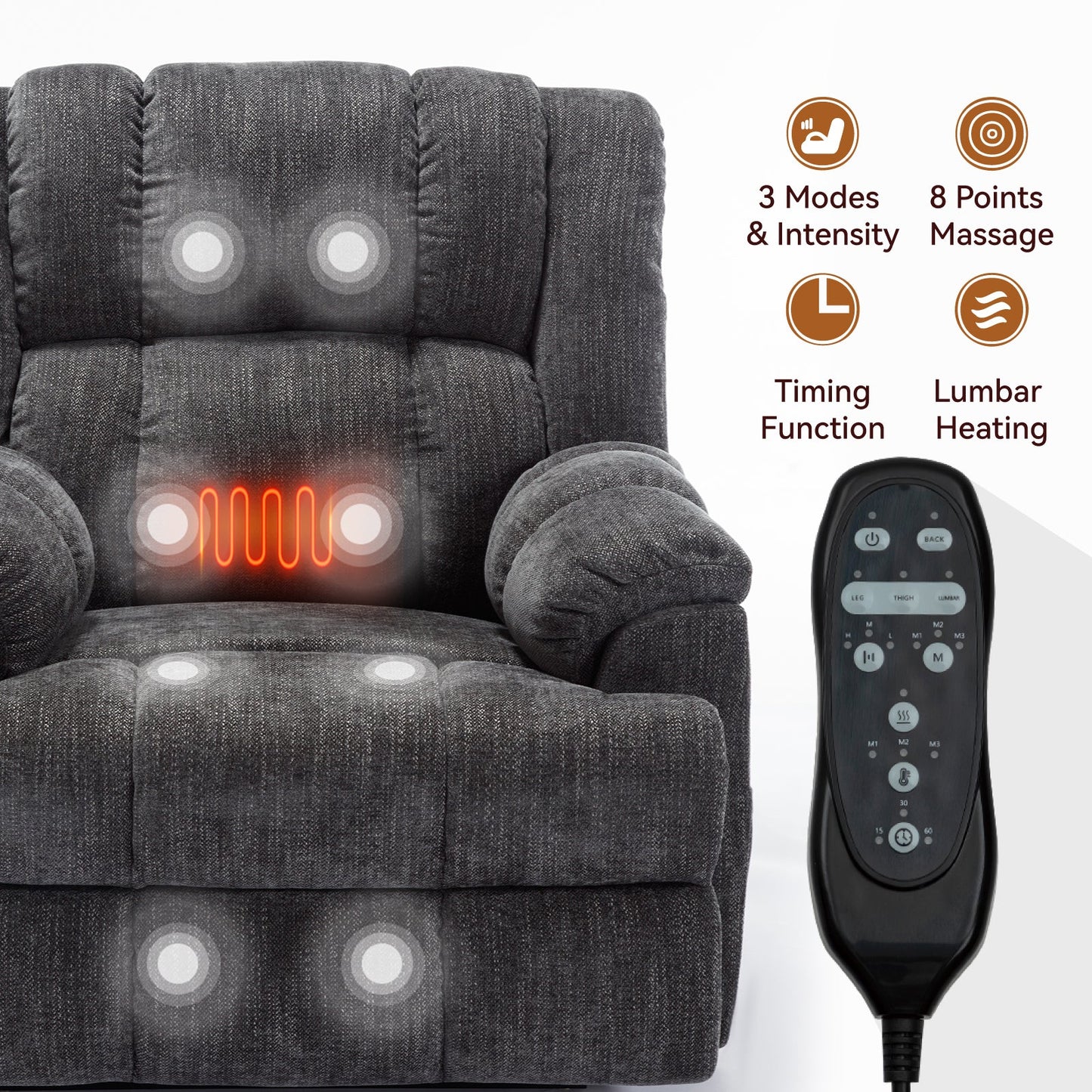 Dual Motor Heat Massage Infinite Position Up to 350 LBS Electric Power Lift Recliners with Power-Remote, Medium-firm and Heavy Duty, Grey
