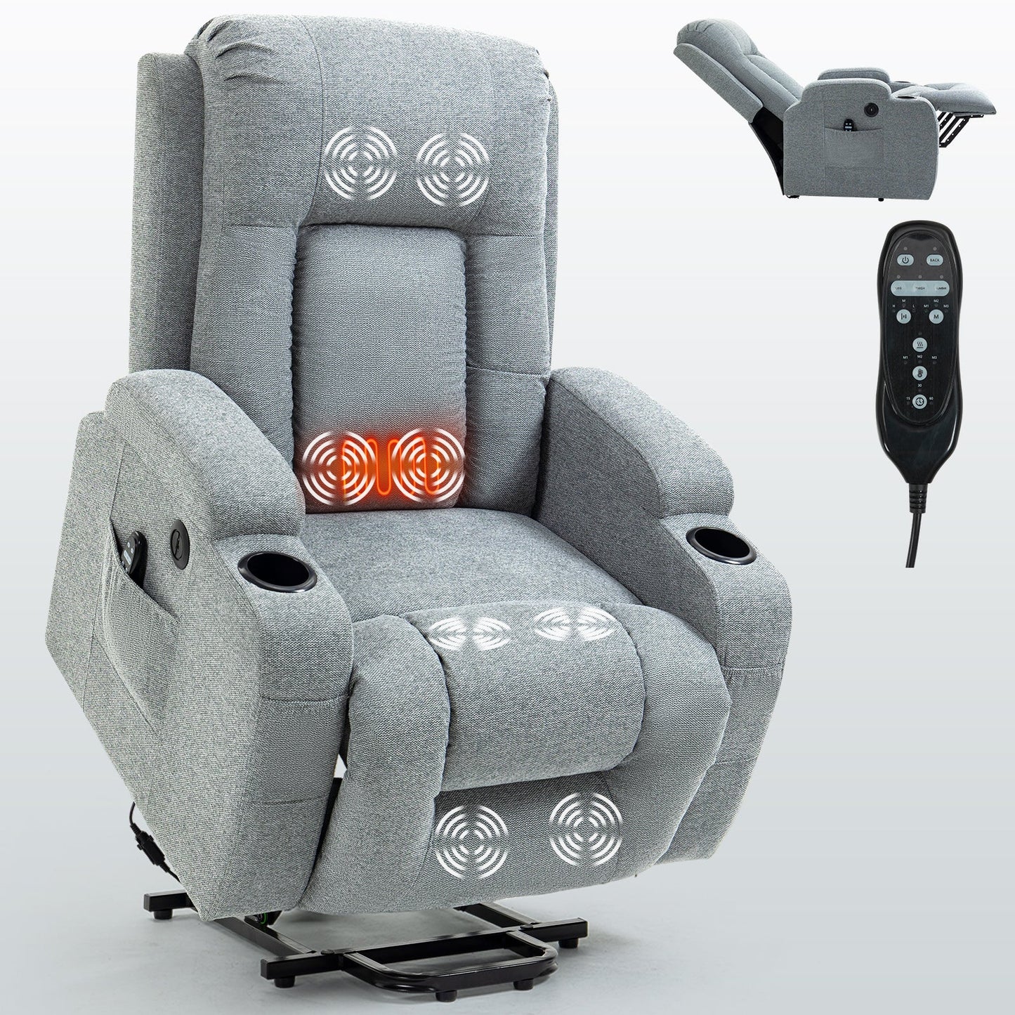 Infinite Position Single Motor Up to 350 LBS Power Lift Recliner Chair for Elderly, Heavy Duty Motion Mechanism with 8-Point Vibration Massage and Lumbar Heating, USB Charging Port, Cup Holders, Grey