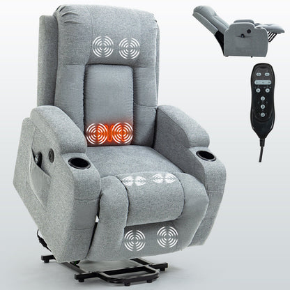Infinite Position Single Motor Up to 350 LBS Power Lift Recliner Chair for Elderly, Heavy Duty Motion Mechanism with 8-Point Vibration Massage and Lumbar Heating, USB Charging Port, Cup Holders, Grey