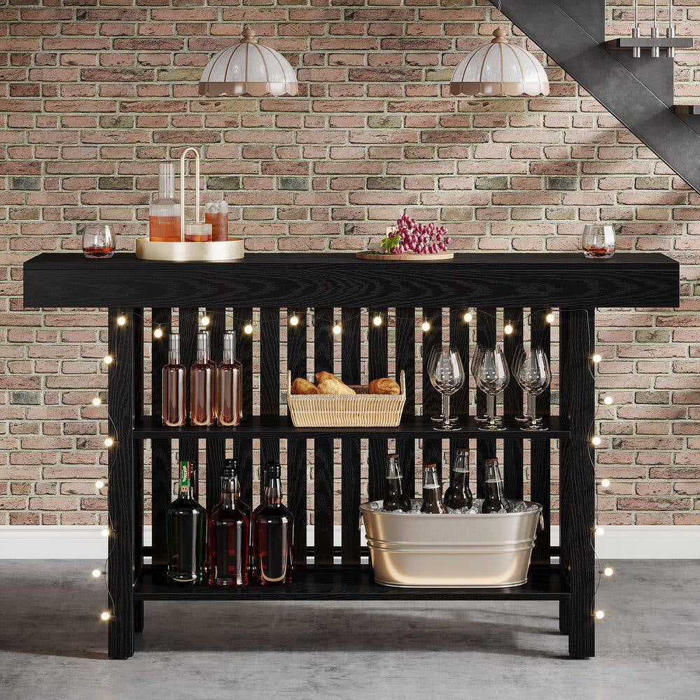 Adan 63 In. Home Black Wood Modern 2-Tier Bar Table Footrest Corner Mini Coffee Bar Cabinet Bar Unit