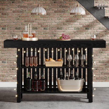 Adan 63 In. Home Black Wood Modern 2-Tier Bar Table Footrest Corner Mini Coffee Bar Cabinet Bar Unit