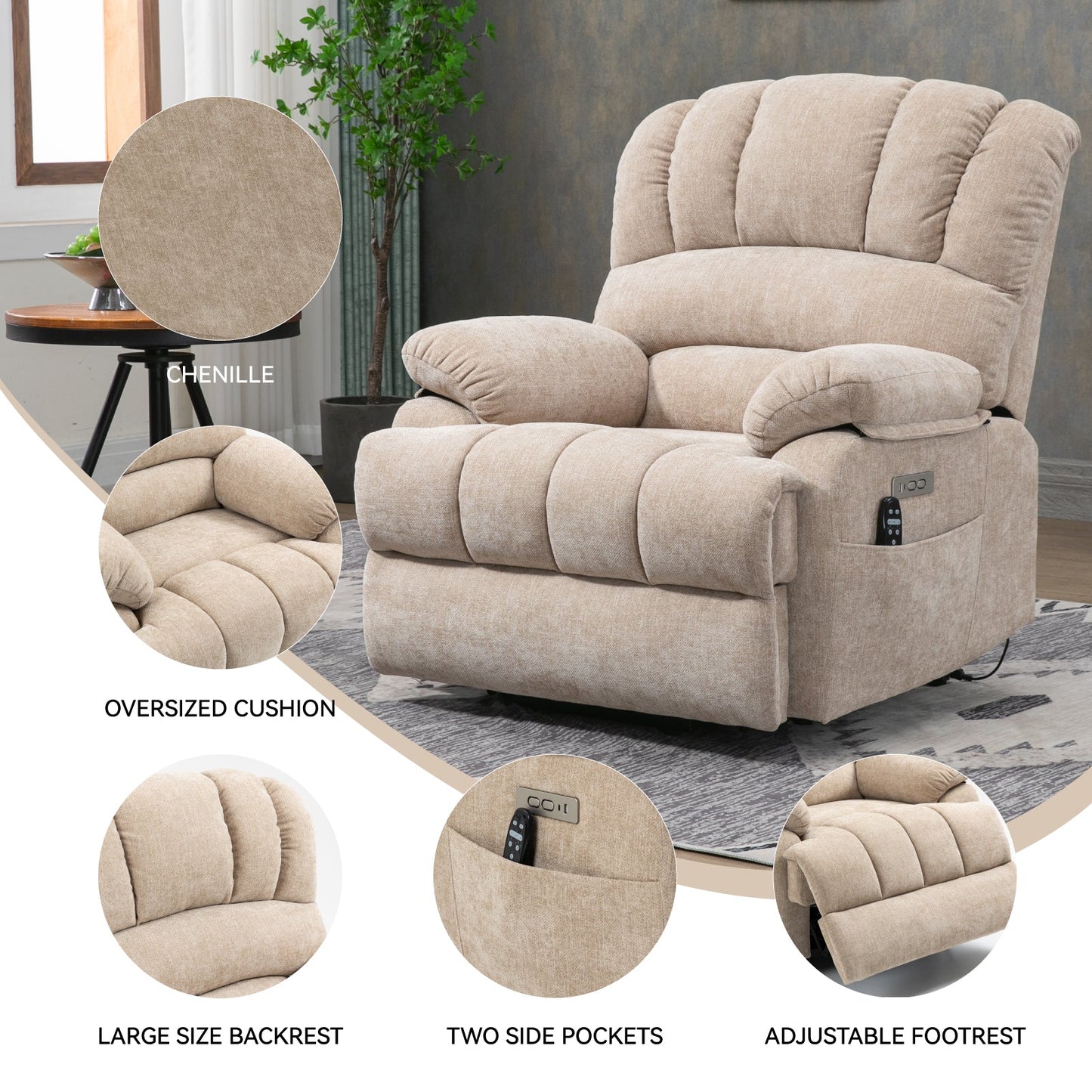 23' Seat Width and High Back Large Size Beige Chenille Power Lift Recliner Chair with 8-Point Vibration Massage and Lumbar Heating