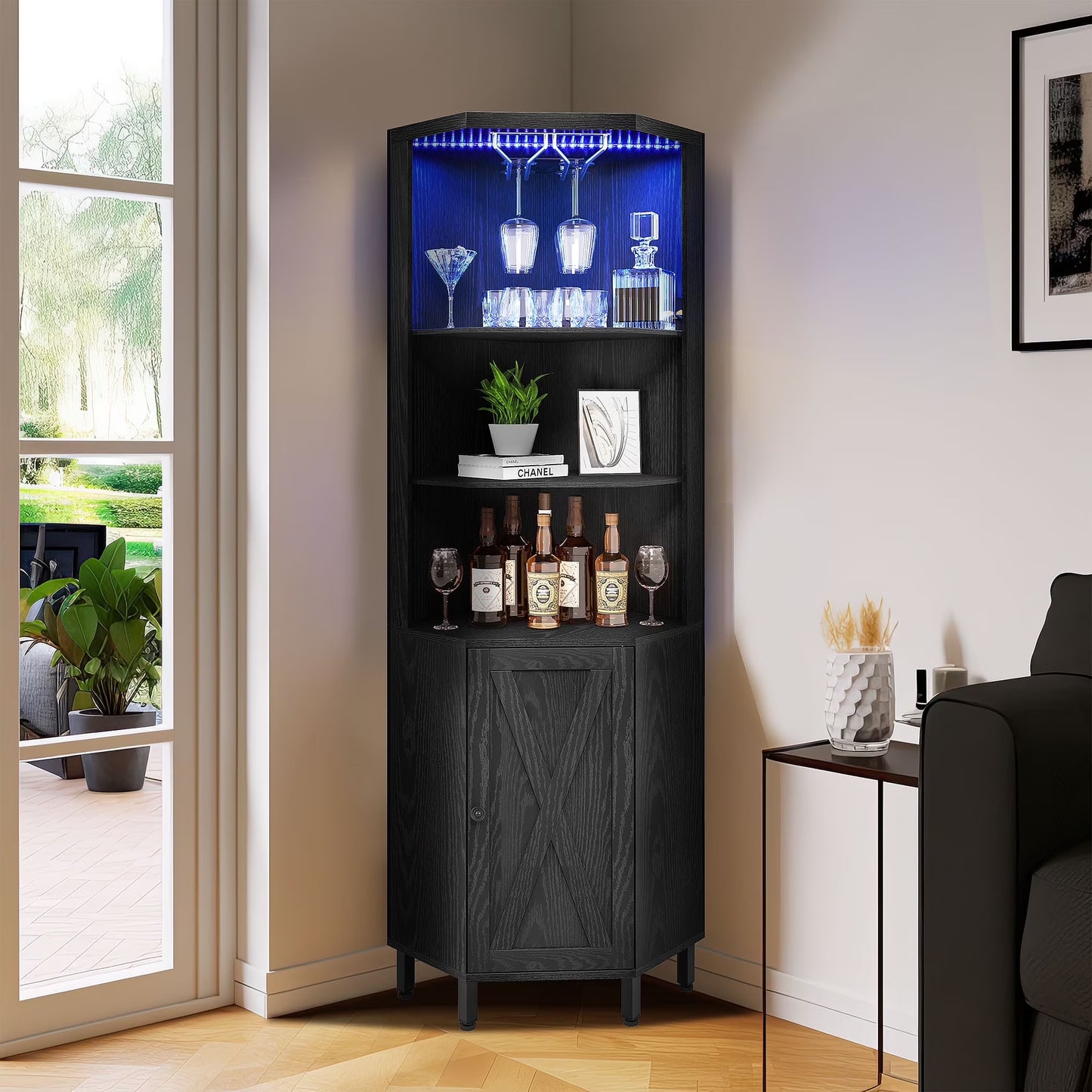 67" Corner Bar Cabinet with LED Lights, Wine Glass Holder & Storage Shelves, Black
