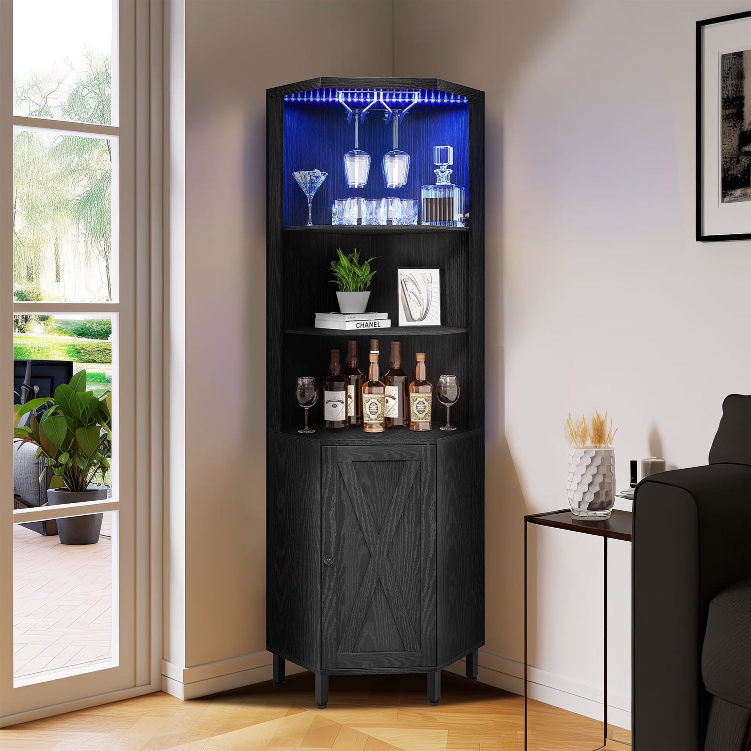 67" Corner Bar Cabinet with LED Lights, Wine Glass Holder & Storage Shelves, Black