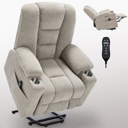 Power Lift Recliner Chair with Massage and Heat for Elderly, Overstuffed Wide Recliners, Heavy Duty Motion Mechanism with USB and Type C Ports, 2 Steel Cup Holders, Beige