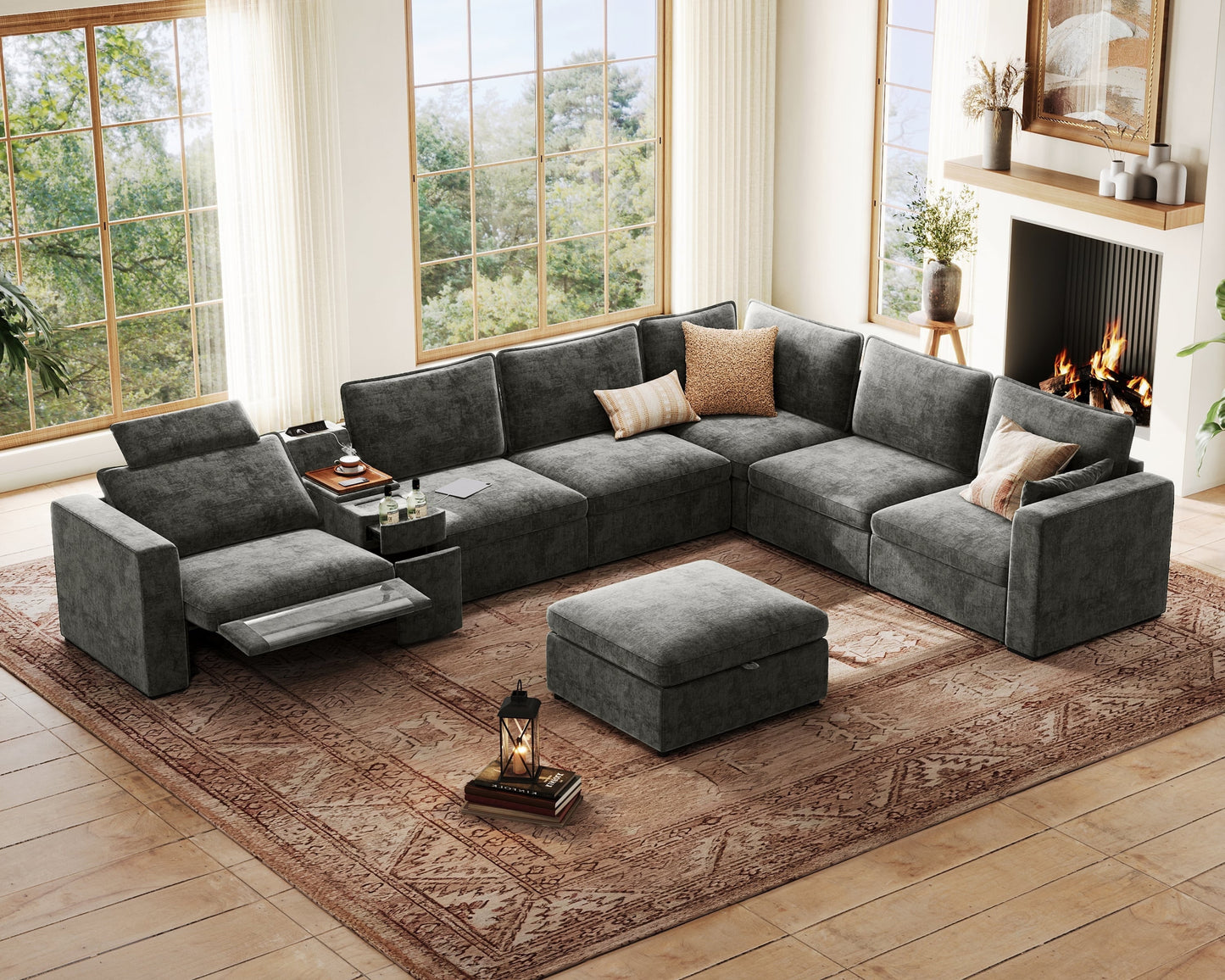 169.7'' Power Recliner Sofa with Headrest Console, Modular Cloud Sectional Chenille Reclining Couch with Storage Ottoman Chaise, Convertible 7-Seater Sofa Couch for Living Room RV, Gray