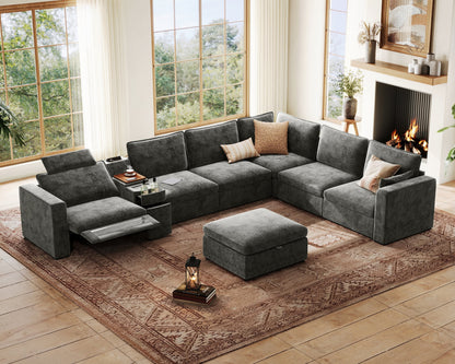 169.7'' Power Recliner Sofa with Headrest Console, Modular Cloud Sectional Chenille Reclining Couch with Storage Ottoman Chaise, Convertible 7-Seater Sofa Couch for Living Room RV, Gray