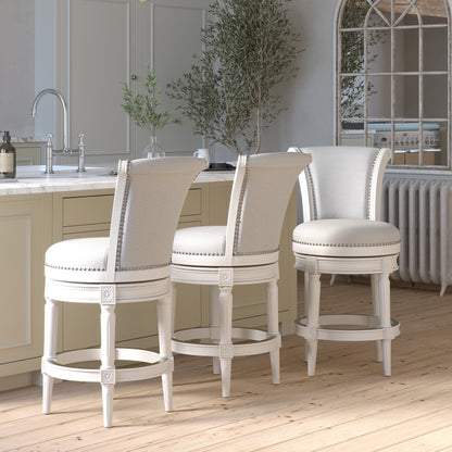 Charlotte Swivel Barstool in White with Grey Fabric