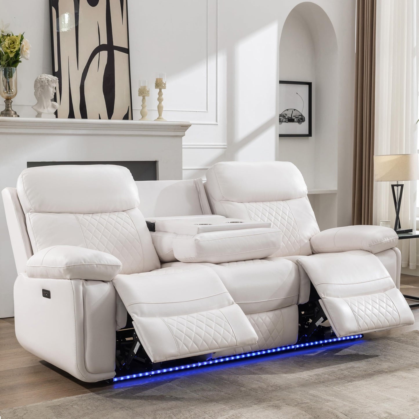 3 Seater Power Recliner Chair Sofa Set for Living Room,Faux Leather Electric White Home Theater Seating Reclining Sofa Couch with Flipped Middle Backrest,Led Light,Usb Port,Cup Holders