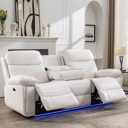 3 Seater Power Recliner Chair Sofa Set for Living Room,Faux Leather Electric White Home Theater Seating Reclining Sofa Couch with Flipped Middle Backrest,Led Light,Usb Port,Cup Holders