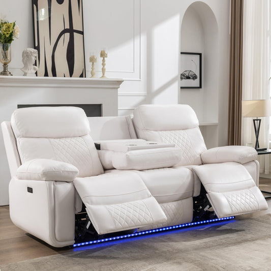 3 Seater Power Recliner Chair Sofa Set for Living Room,Faux Leather Electric White Home Theater Seating Reclining Sofa Couch with Flipped Middle Backrest,Led Light,Usb Port,Cup Holders