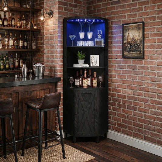 67" Corner Bar Cabinet with LED Lights, Wine Glass Holder & Storage Shelves, Black