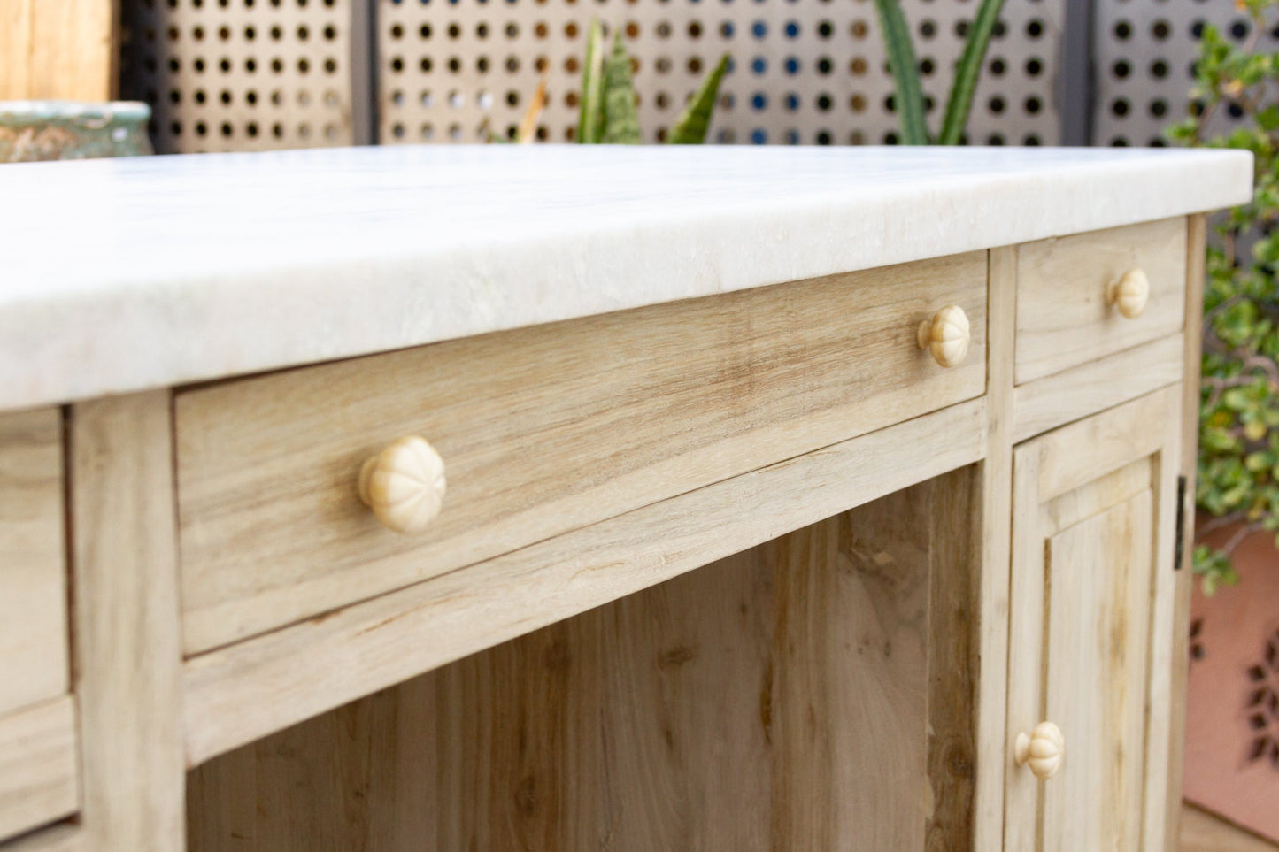 Custom Beautifully Carved Teak Counter Bar with Marble Top