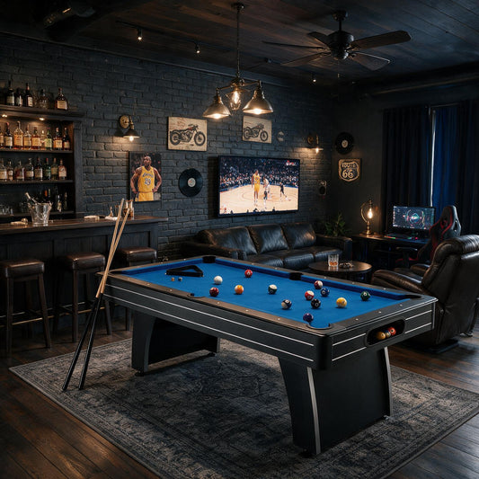 7 Ft Blue Top Pool Table with 2 Cues and Billiard Balls