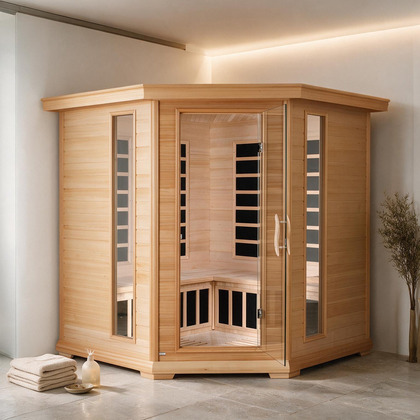 Blisspod, Vienna, Corner Spacious Far Infrared Sauna Canadian Hemlock Ultra Low EMF, 12 Heaters, 4-5 Persons