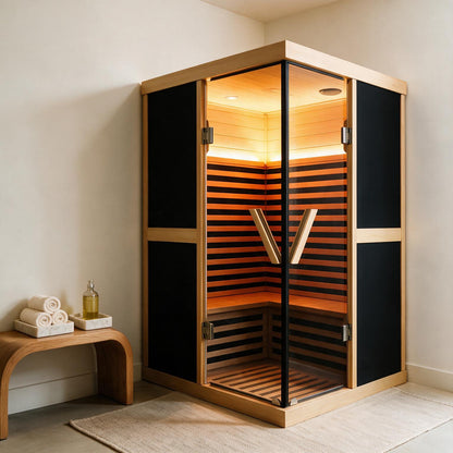 Thermora Helix Premium Large 2-Person V-Shaped FAR Infrared Sauna Room With Double Glass Doors, 1980W (SAK96413)