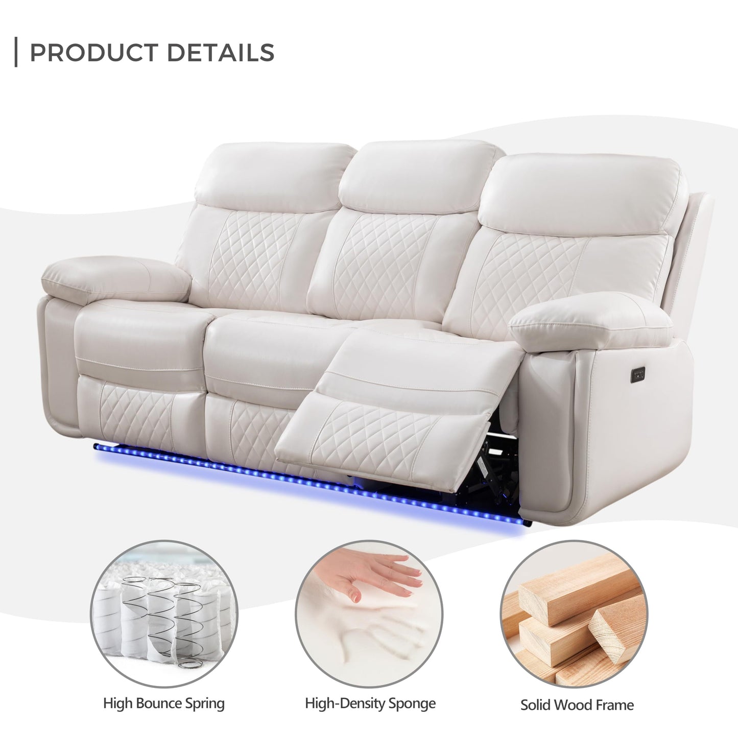 3 Seater Power Recliner Chair Sofa Set for Living Room,Faux Leather Electric White Home Theater Seating Reclining Sofa Couch with Flipped Middle Backrest,Led Light,Usb Port,Cup Holders