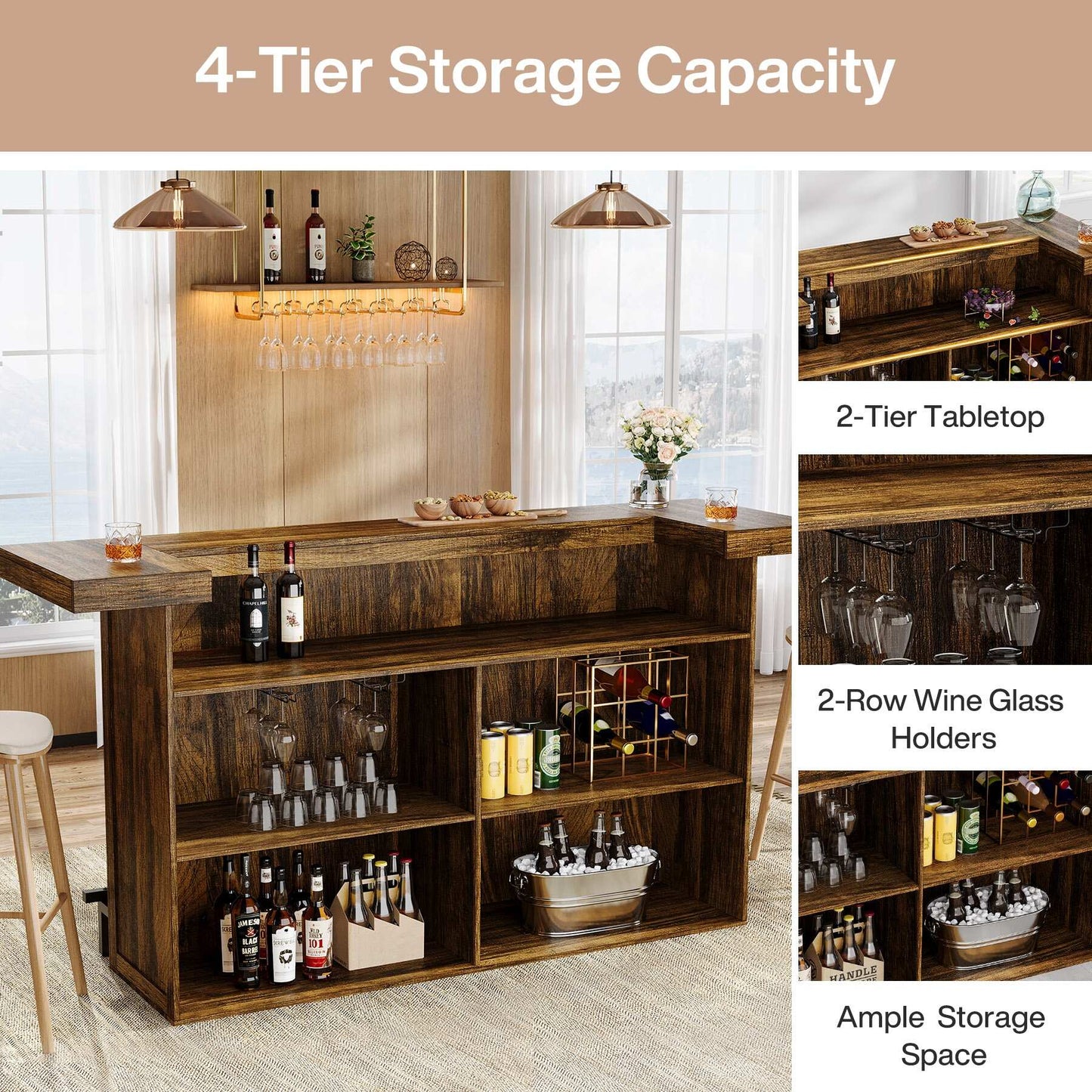 70.9" Wooden Home Bar Table with Wine Glass Holder, Pub Storage Unit Accent Table for Home Patio Basement