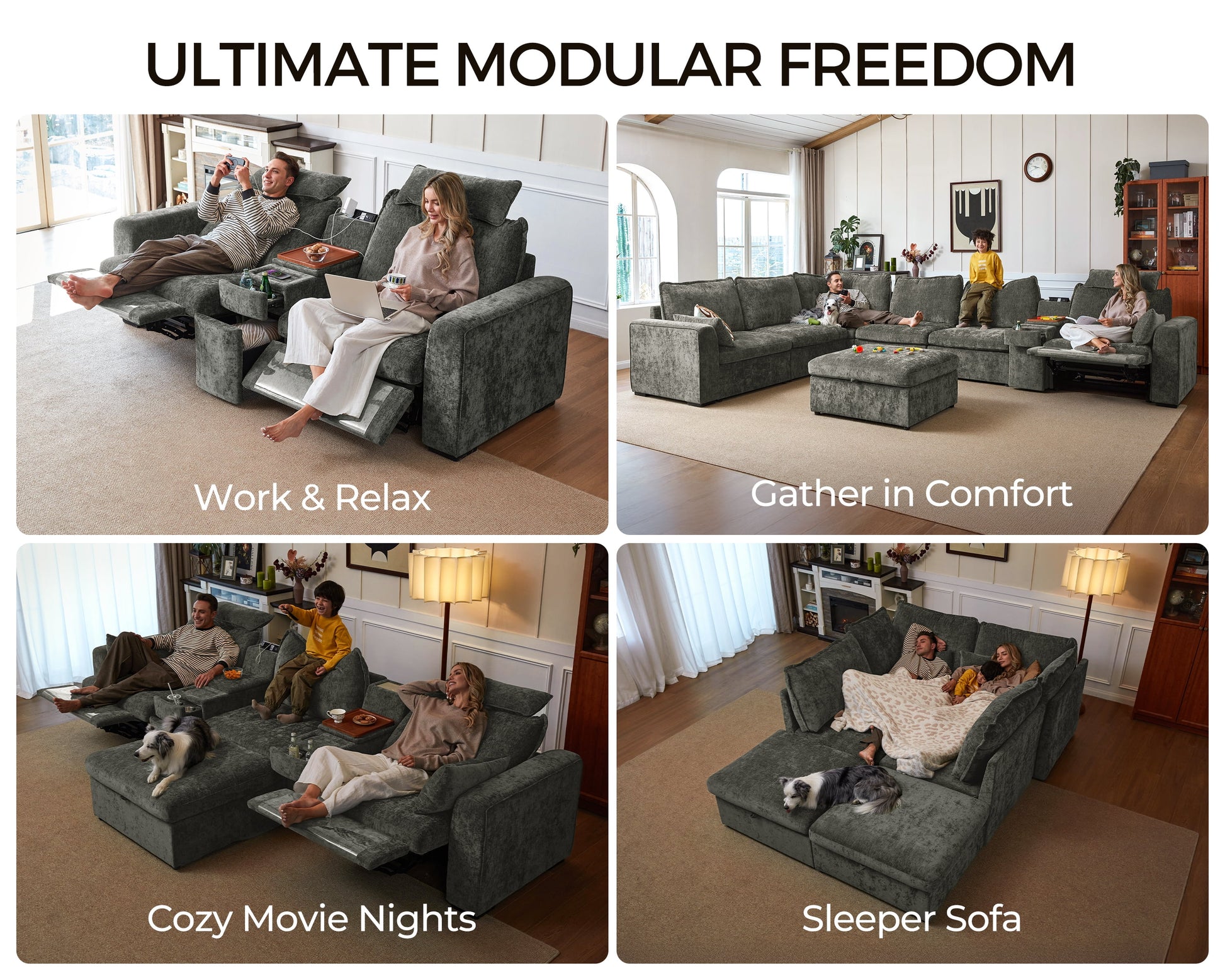 169.7'' Power Recliner Sofa with Headrest Console, Modular Cloud Sectional Chenille Reclining Couch with Storage Ottoman Chaise, Convertible 7-Seater Sofa Couch for Living Room RV, Gray