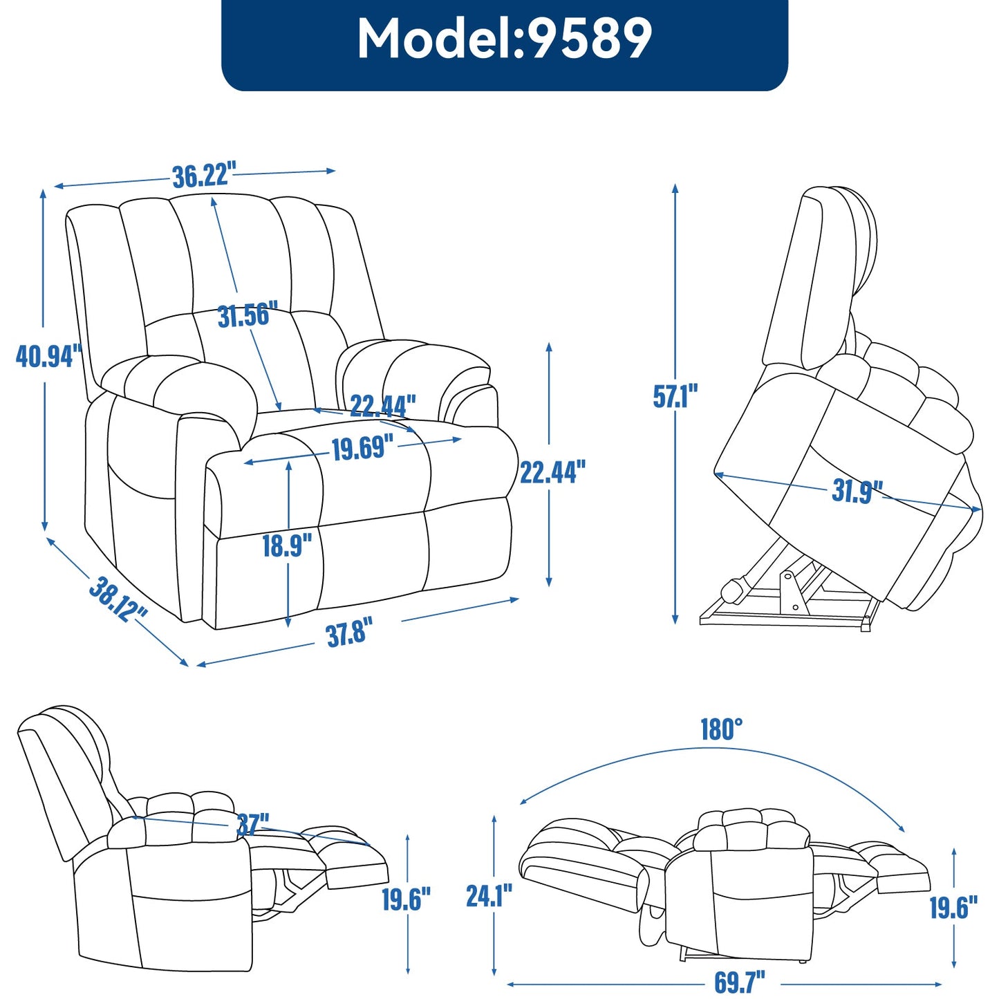 Dual Motor Heat Massage Infinite Position Up to 350 LBS Electric Power Lift Recliners with Power-Remote, Medium-firm and Heavy Duty, Grey