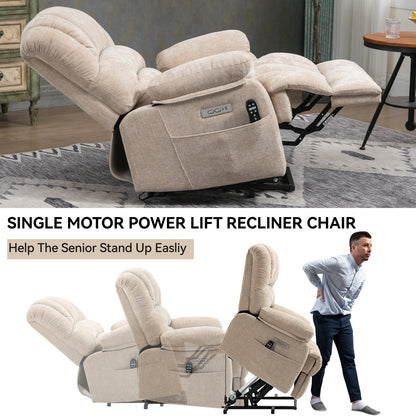 23' Seat Width and High Back Large Size Beige Chenille Power Lift Recliner Chair with 8-Point Vibration Massage and Lumbar Heating