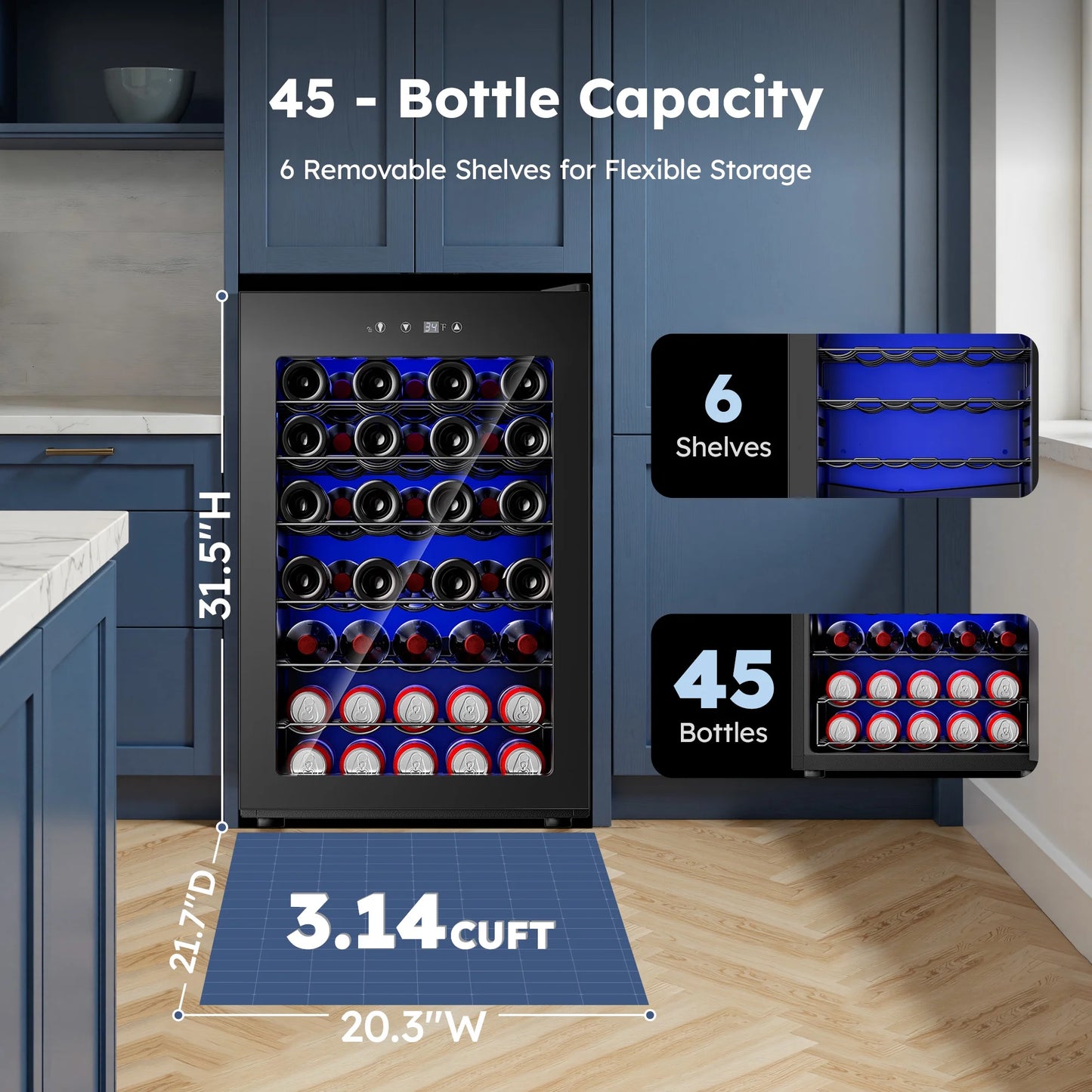 45 Bottle Wine Cooler Refrigerator,Built-In Wine Fridge with Stainless Steel Glass Door, for Home, Kitchen, or Office
