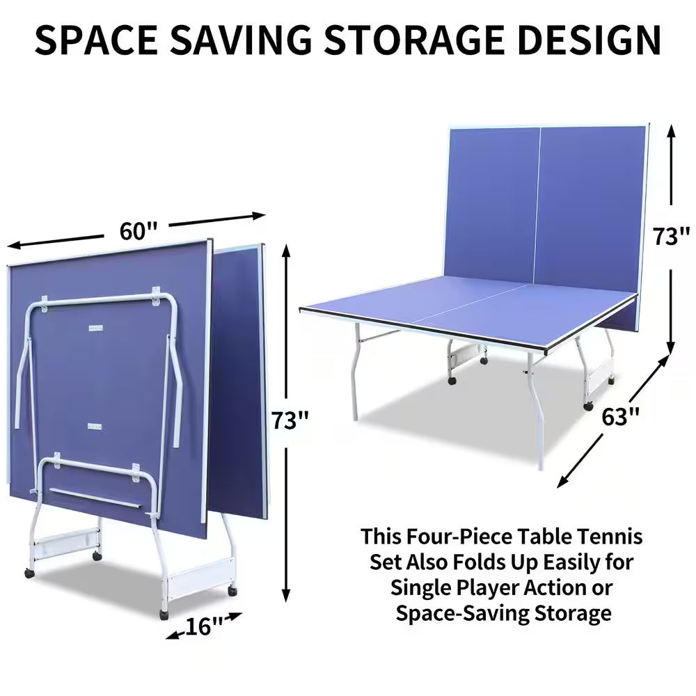 9 Ft. Blue Table Tennis Table Foldable and Ping Pong Table Set for Indoor and Outdoor Games W/Net, 2 Paddles and 3 Balls
