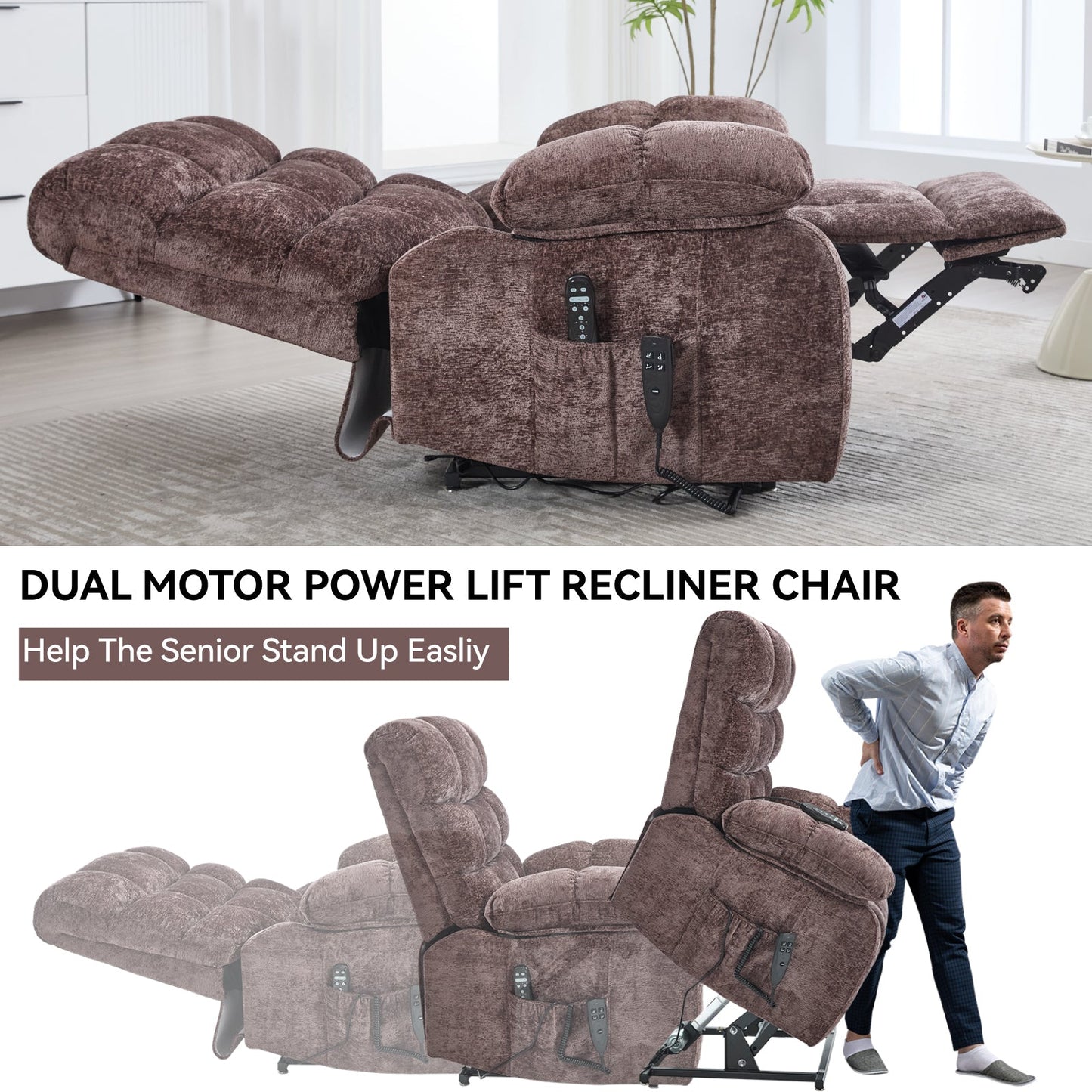 Lift Recliner Chair Heat Massage Dual Motor Infinite Position Up to 350 LBS Large Electric Power Lift Recliners with Power-Remote, Medium-firm and Heavy duty, Brown