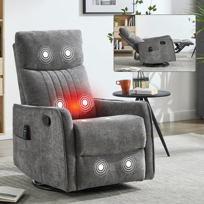 Dark Grey Heat Massage Manual Recliner Chair with Rocker and Swivel in Fabric for Living Room