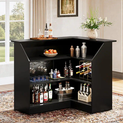 Kearsten Black 44.09 In. Corner Bar L-Shaped Home Bar Table with Stemware Racks, 4-Tier Bar Cabinet Unit Liquor Table