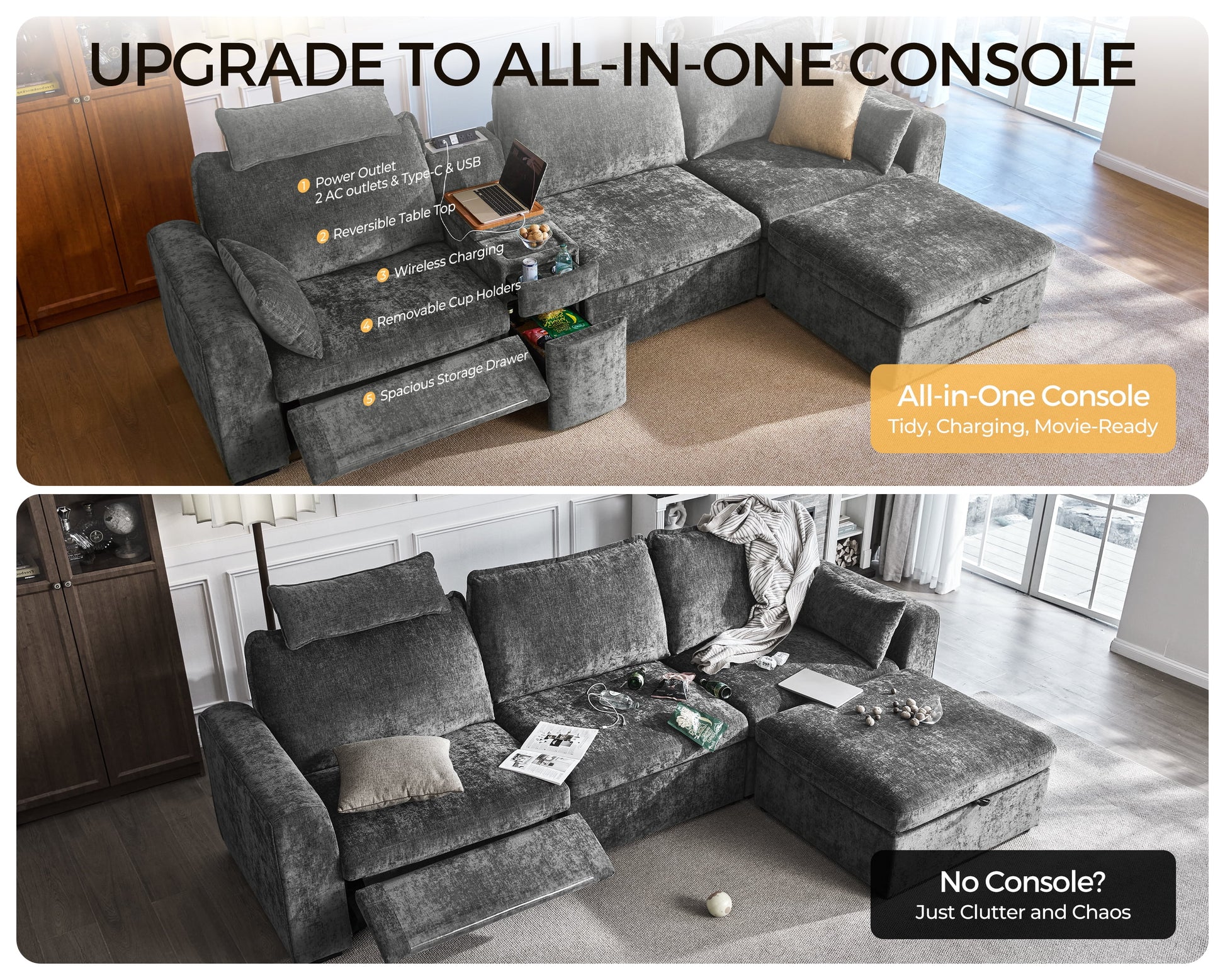 169.7'' Power Recliner Sofa with Headrest Console, Modular Cloud Sectional Chenille Reclining Couch with Storage Ottoman Chaise, Convertible 7-Seater Sofa Couch for Living Room RV, Gray