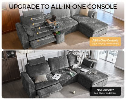 169.7'' Power Recliner Sofa with Headrest Console, Modular Cloud Sectional Chenille Reclining Couch with Storage Ottoman Chaise, Convertible 7-Seater Sofa Couch for Living Room RV, Gray