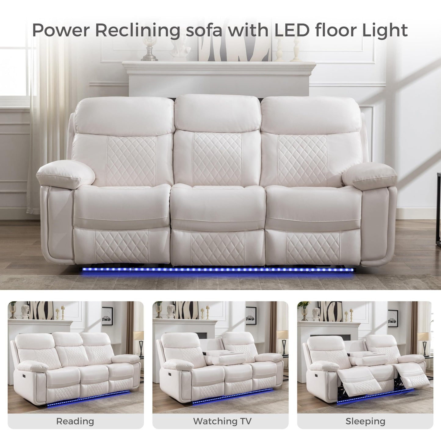 3 Seater Power Recliner Chair Sofa Set for Living Room,Faux Leather Electric White Home Theater Seating Reclining Sofa Couch with Flipped Middle Backrest,Led Light,Usb Port,Cup Holders