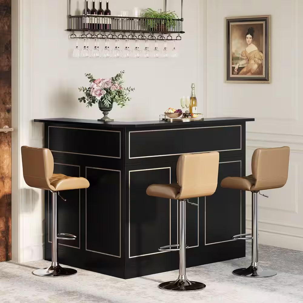 Kearsten Black 44.09 In. Corner Bar L-Shaped Home Bar Table with Stemware Racks, 4-Tier Bar Cabinet Unit Liquor Table