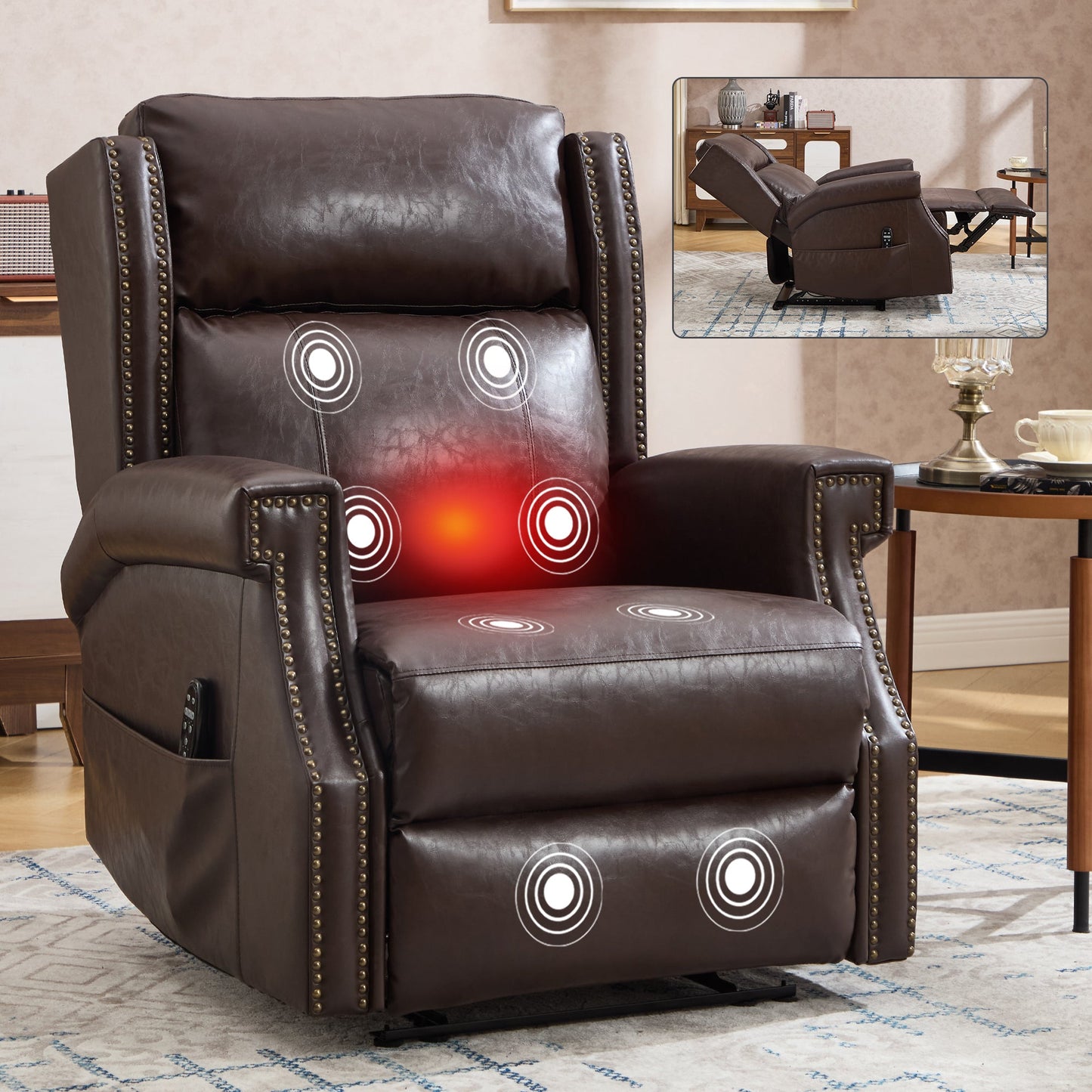 Brown Manual Recliner Chair in Faux Leather for Living Room with Heavy Duty Motion Mechanism, 8 vibrating nodes and 3 massage modes