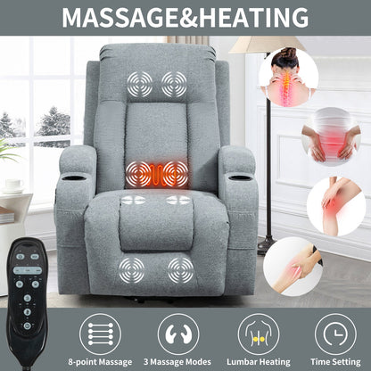 Infinite Position Single Motor Up to 350 LBS Power Lift Recliner Chair for Elderly, Heavy Duty Motion Mechanism with 8-Point Vibration Massage and Lumbar Heating, USB Charging Port, Cup Holders, Grey