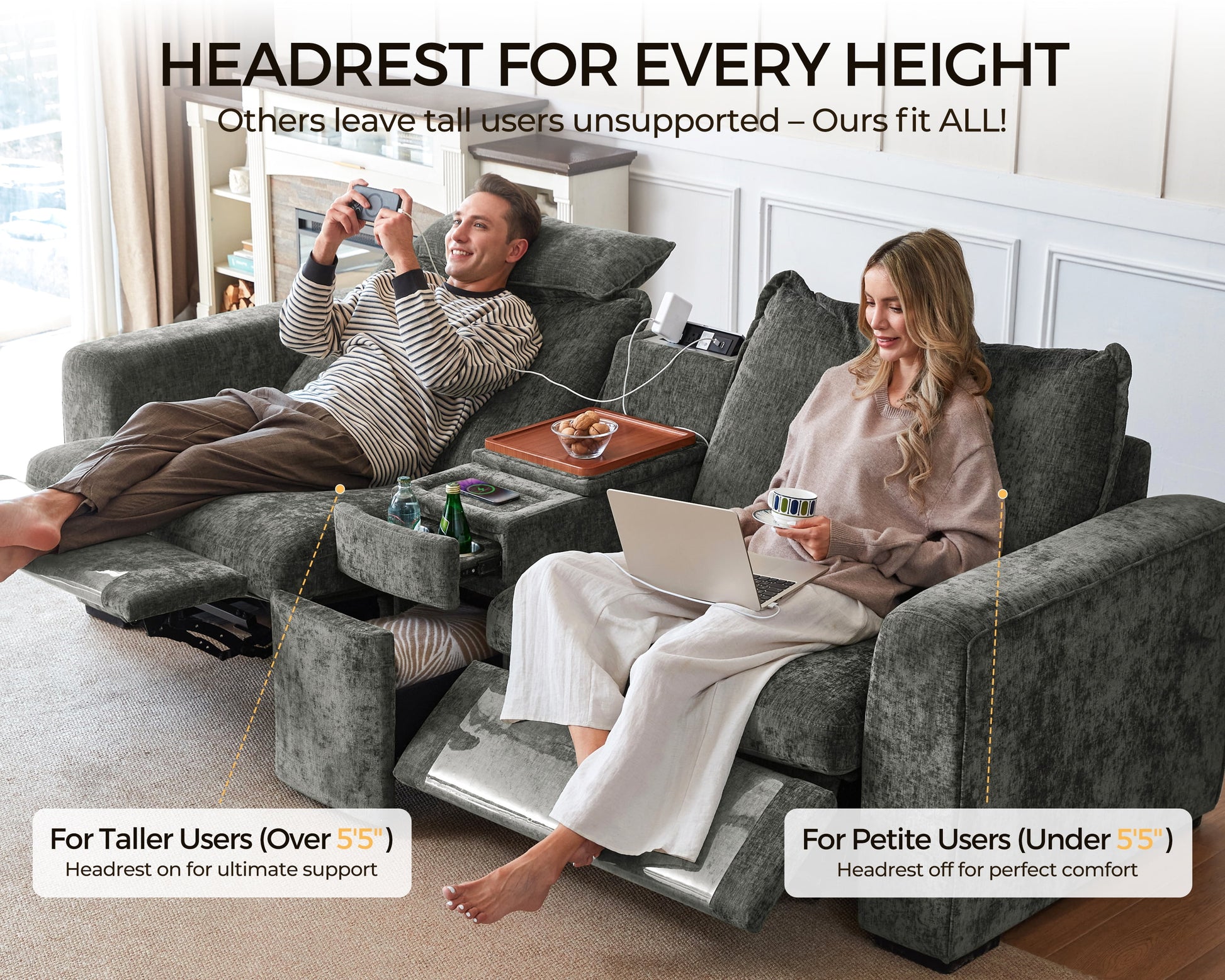 169.7'' Power Recliner Sofa with Headrest Console, Modular Cloud Sectional Chenille Reclining Couch with Storage Ottoman Chaise, Convertible 7-Seater Sofa Couch for Living Room RV, Gray
