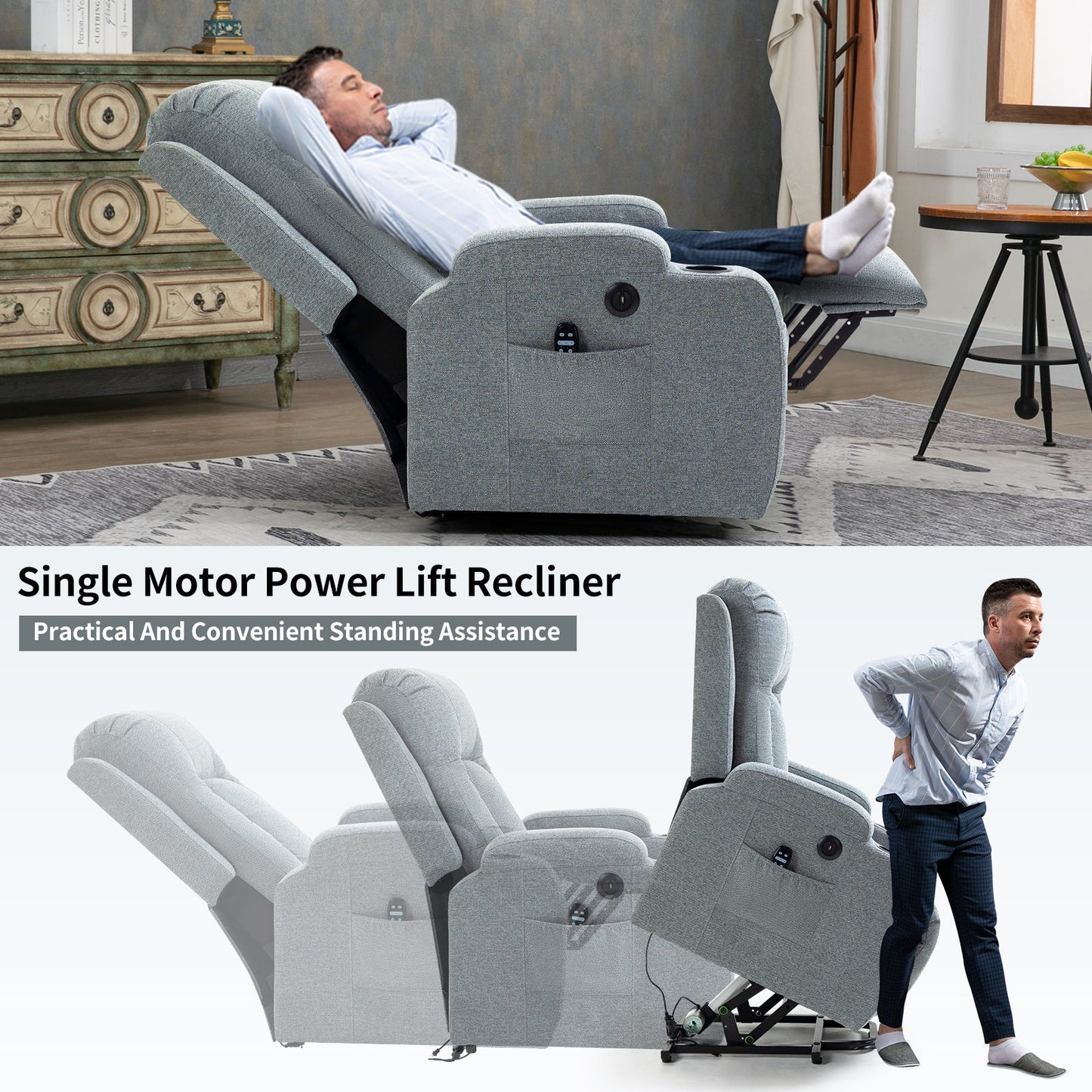 Infinite Position Single Motor Up to 350 LBS Power Lift Recliner Chair for Elderly, Heavy Duty Motion Mechanism with 8-Point Vibration Massage and Lumbar Heating, USB Charging Port, Cup Holders, Grey