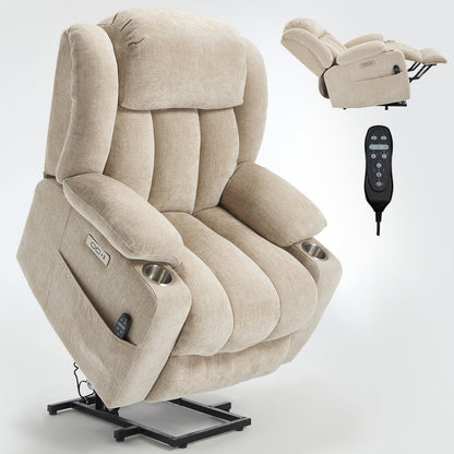 Up to 350 LBS Chenille Power Lift Recliner Chair, Heavy Duty Motion Mechanism with 8-Point Vibration Massage and Lumbar Heating, USB and Type-C Ports, Stainless Steel Cup Holders, Beige