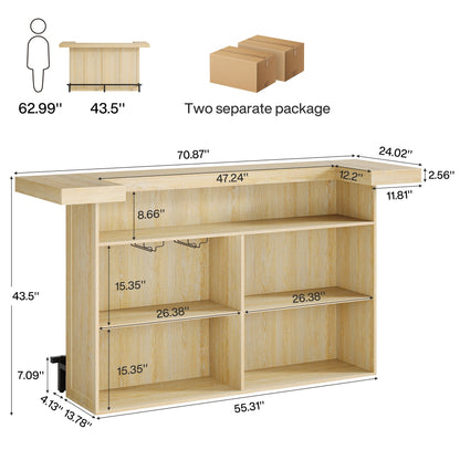 70.9" Wooden Home Bar Table with Wine Glass Holder, Pub Storage Unit Accent Table for Home Patio Basement