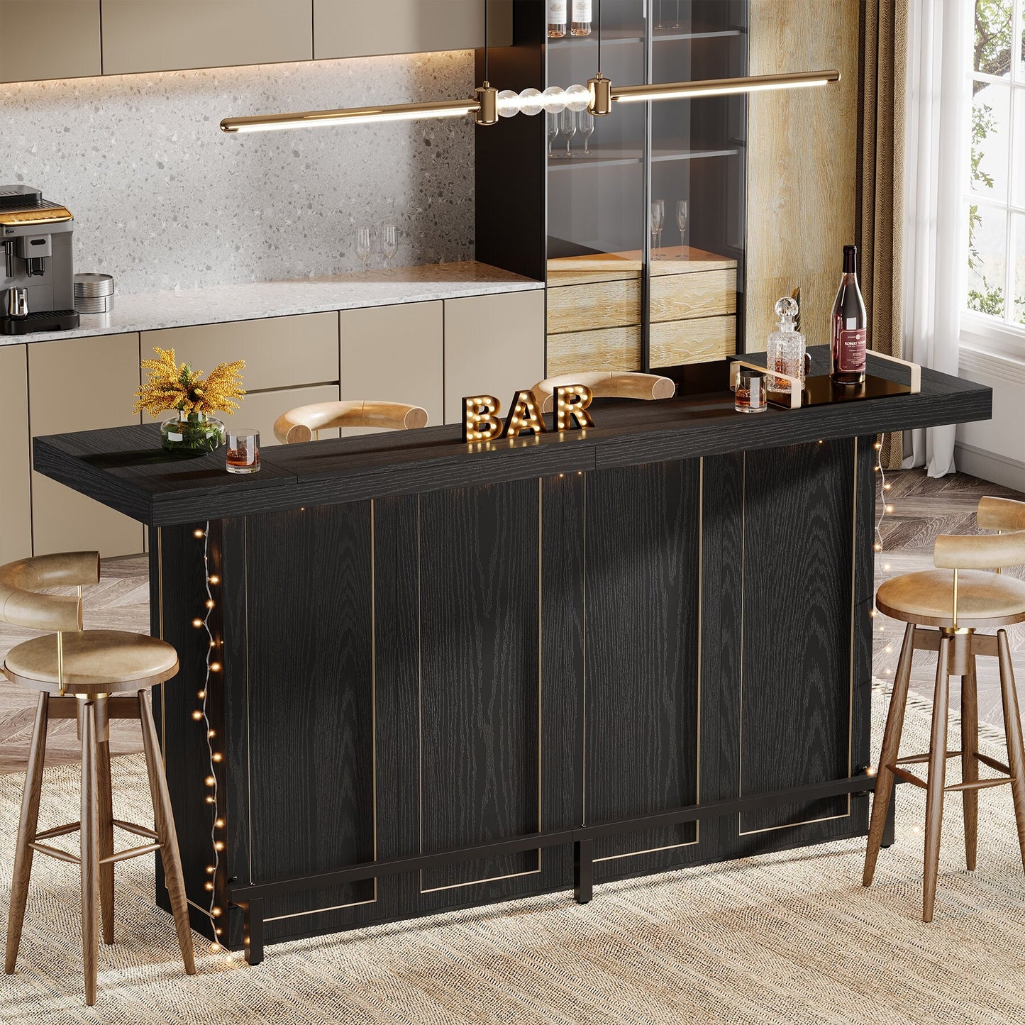 70.9" Wooden Home Bar Table with Wine Glass Holder, Pub Storage Unit Accent Table for Home Patio Basement