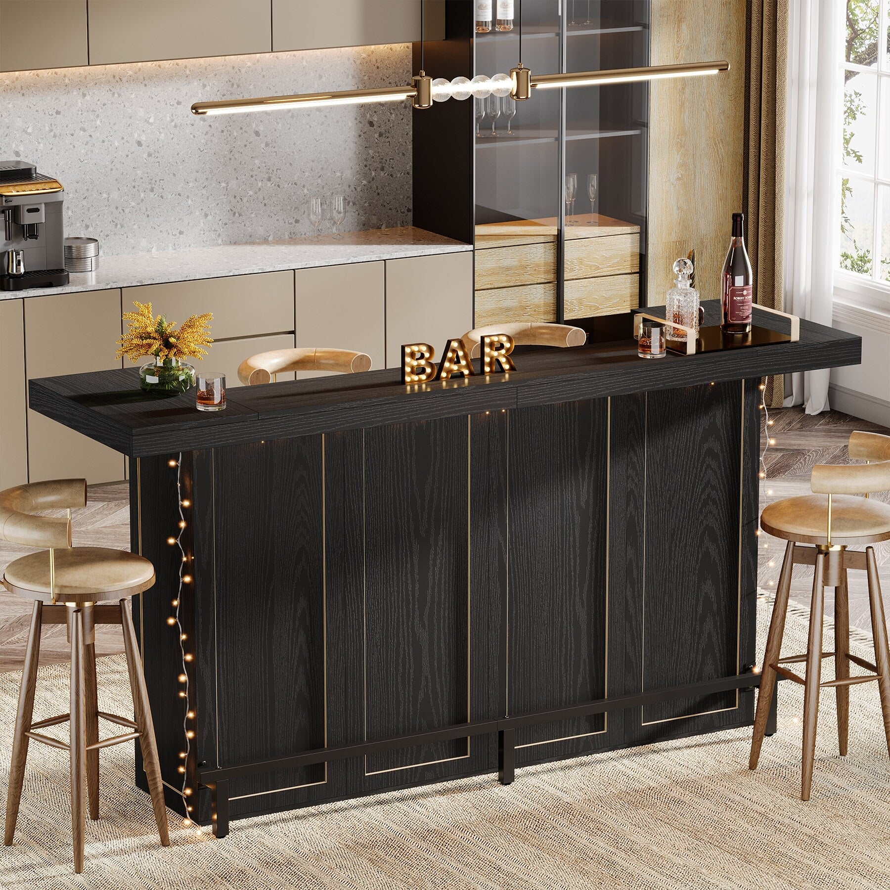 70.9" Wooden Home Bar Table with Wine Glass Holder, Pub Storage Unit Accent Table for Home Patio Basement