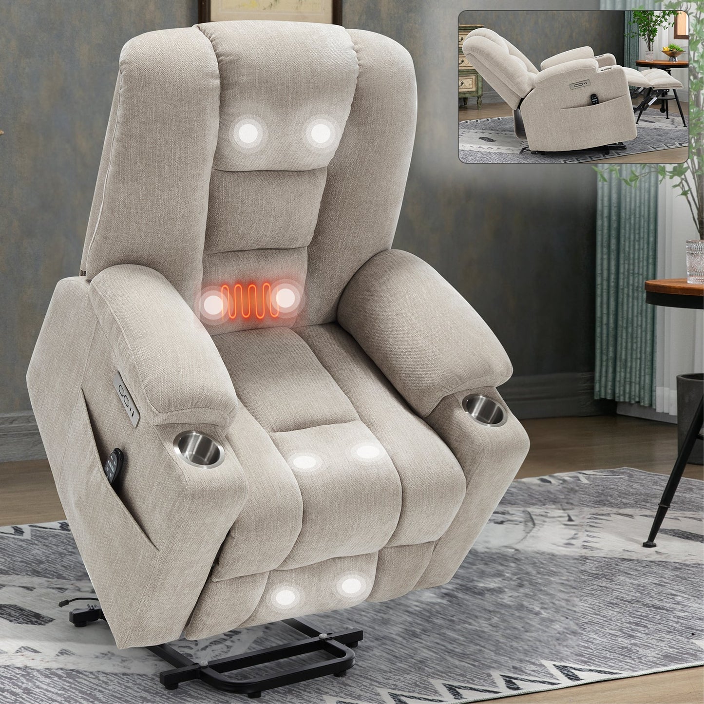 Power Lift Recliner Chair with Massage and Heat for Elderly, Overstuffed Wide Recliners, Heavy Duty Motion Mechanism with USB and Type C Ports, 2 Steel Cup Holders, Beige
