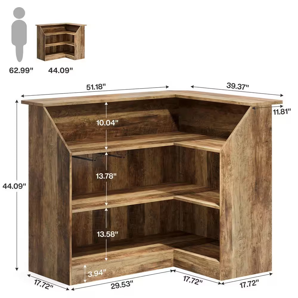 Kearsten Brown 46.5 In. Bar Cabinet, L-Shaped Home Bar Table with Stemware Racks, 4-Tier Corner Bar Unit for Home Pub