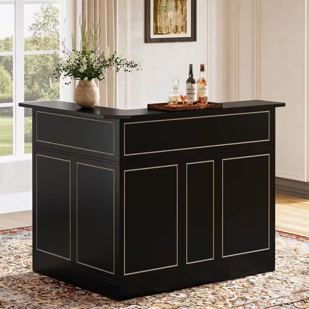Kearsten Black 44.09 In. Corner Bar L-Shaped Home Bar Table with Stemware Racks, 4-Tier Bar Cabinet Unit Liquor Table