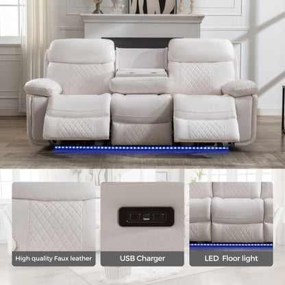3 Seater Power Recliner Chair Sofa Set for Living Room,Faux Leather Electric White Home Theater Seating Reclining Sofa Couch with Flipped Middle Backrest,Led Light,Usb Port,Cup Holders