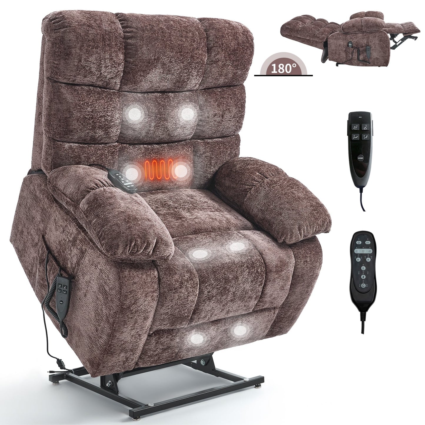 Lift Recliner Chair Heat Massage Dual Motor Infinite Position Up to 350 LBS Large Electric Power Lift Recliners with Power-Remote, Medium-firm and Heavy duty, Brown